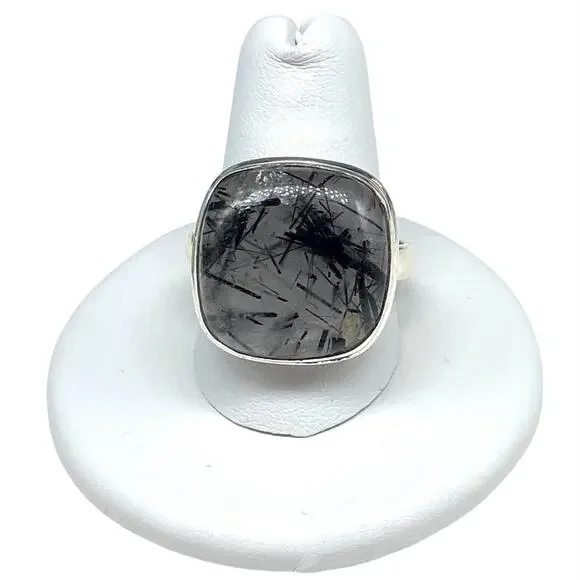 Rutilated Quartz Ring Size 11 Solid 925 Sterling Silver Black Tourmaline Rutile - Picture 1 of 9